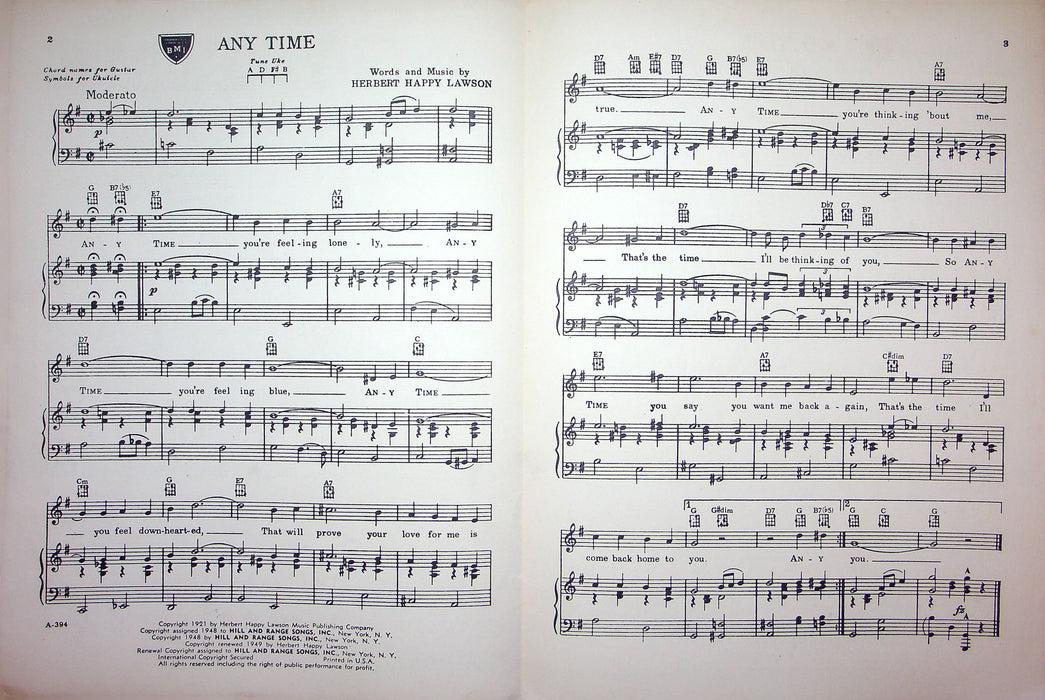 Sheet Music Any Time Herbert Happy Lawson Eddy Arnold Eddie Fisher Tin Pan Alley 2