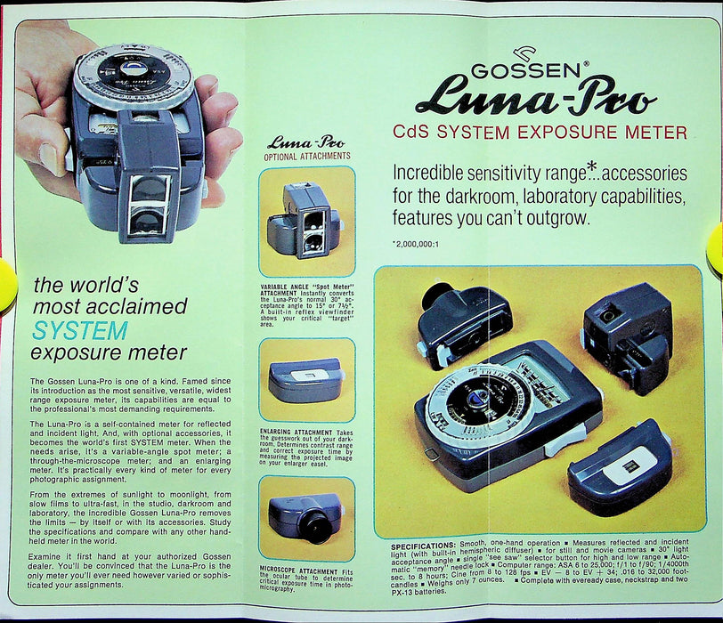 1975 Gossen Precision Exposure Meter Brochure Luma Pro, Panlux, Super Pilot