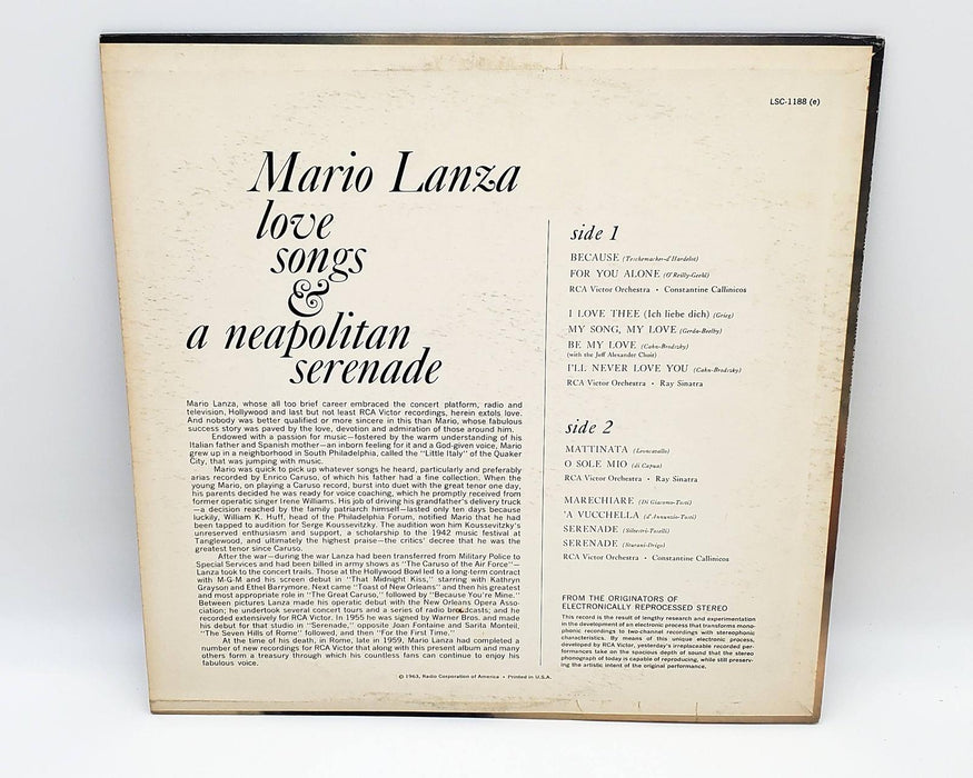 Mario Lanza Love Songs & A Neapolitan Serenade 33 RPM LP Record RCA 1962 2