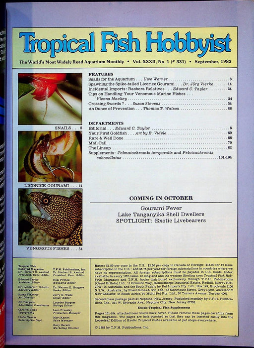 Tropical Fish Hobbyist Magazine Sept 1983 Vol XXXII No 1 Snails for the Aquarium 2