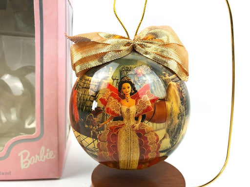 Holiday Barbie Doll Christmas Ornament 1997 4" Decoupage Ball Hanging Stand 1