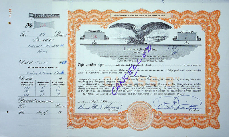 Reiter Dairy Company Stock Certificate Bond Scripophilly Akron Ohio 1968 No 335
