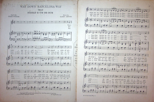 Sheet Music Way Down Barcelona Way Diddle De Um Te Dum Harry Jentes Fred Fisher 2