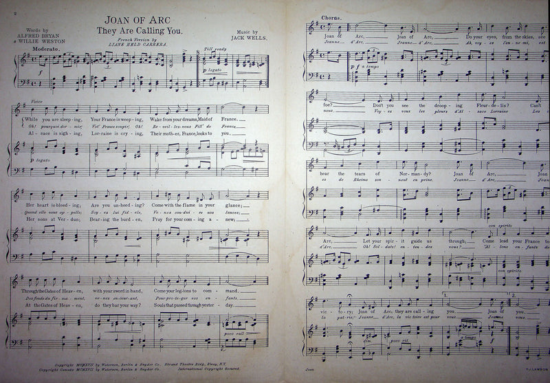 Sheet Music Joan Of Arc They Are Calling You Jack Wells Bryan Weston 1917 WW1 2