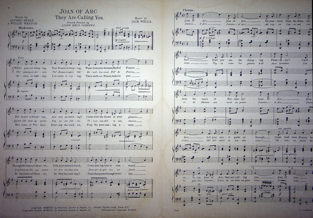 Sheet Music Joan Of Arc They Are Calling You Jack Wells Bryan Weston 1917 WW1 2