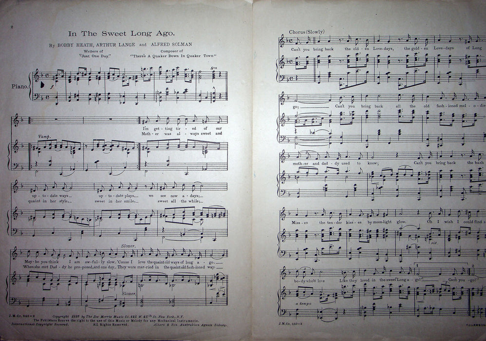 Sheet Music In The Sweet Long Ago Bobby Heath Arthur Lange Alfred Solman 1916 2
