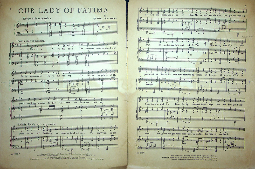 Sheet Music Our Lady Of Fatima Gladys Gollahon 1950 Catholic Religious Song 2