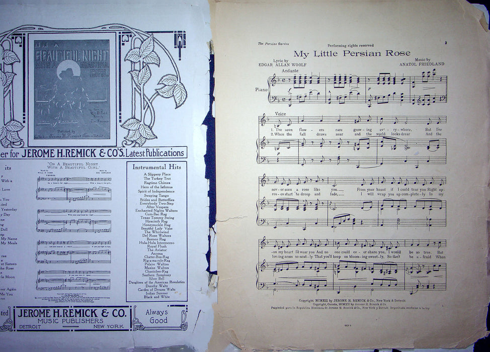 Sheet Music My Little Persian Rose Edgar A Woolf Vaudevilles Musical Comedy 1912 2