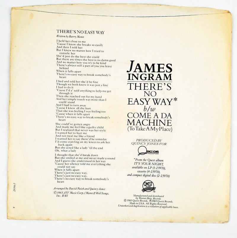 James Ingram There's No Easy Way Record 45 RPM Single 7-29316 Qwest 1983 2