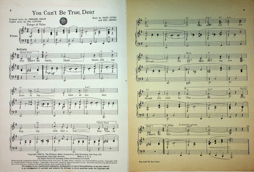 Ken Griffin Sheet Music You Can't Be True Dear Gerhard Ebeler Hans Otten 1948 2