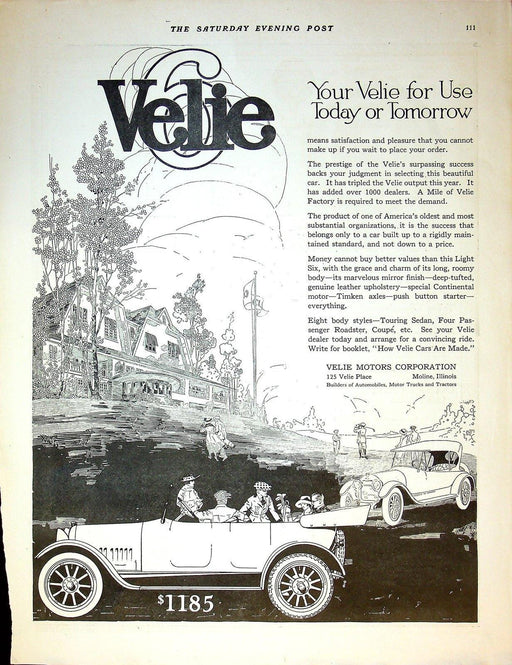 1917 Velie Motor Company Light Six Print Ad 14"x8" Saturday Evening Post 1
