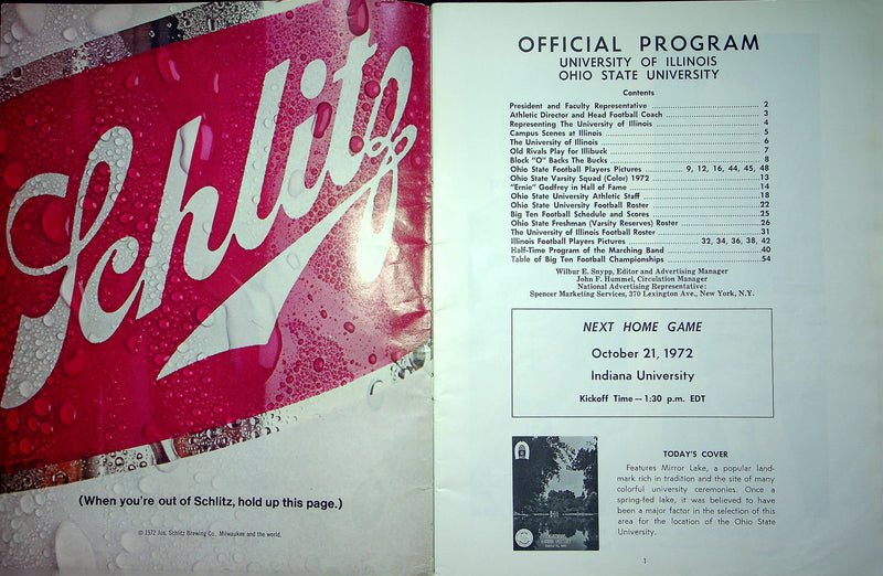Ohio State Buckeye Football Program Oct 14 1972 Vs. Illinois Fighting Illini
