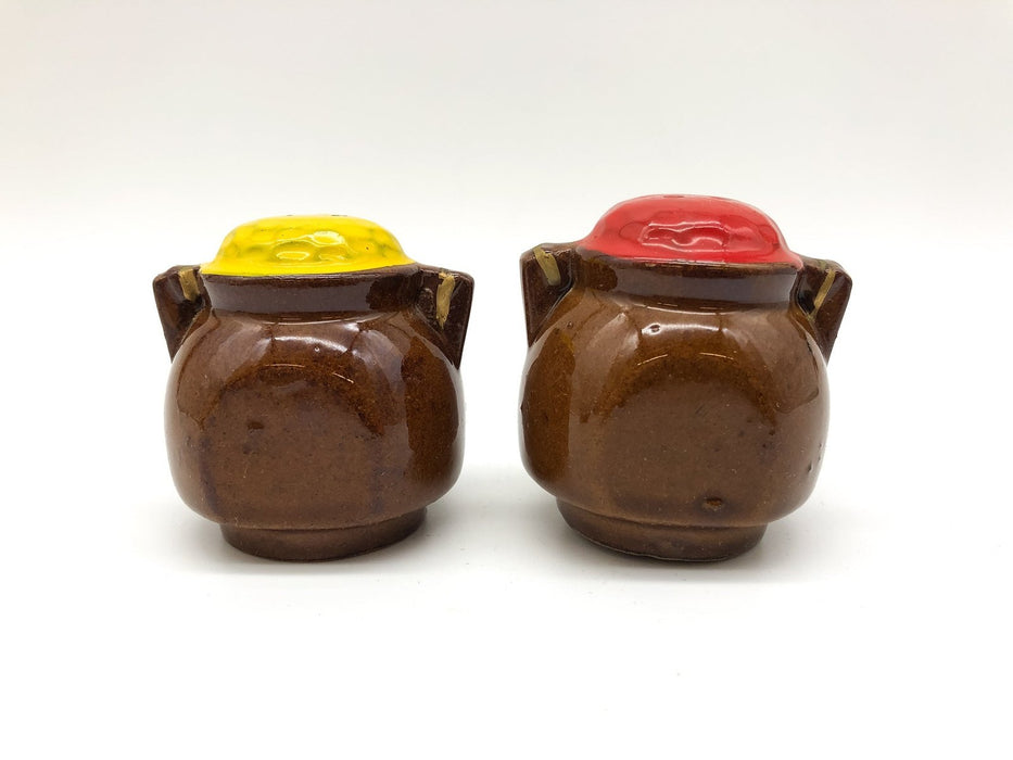 Vintage Jug Crock Handled Salt & Pepper Shakers Ceramic Brown Pot Japan 2.5" 6