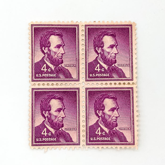 1954 Abraham Lincoln 4 Cent Stamp Block of 4 Purple Liberty Series Back Damage