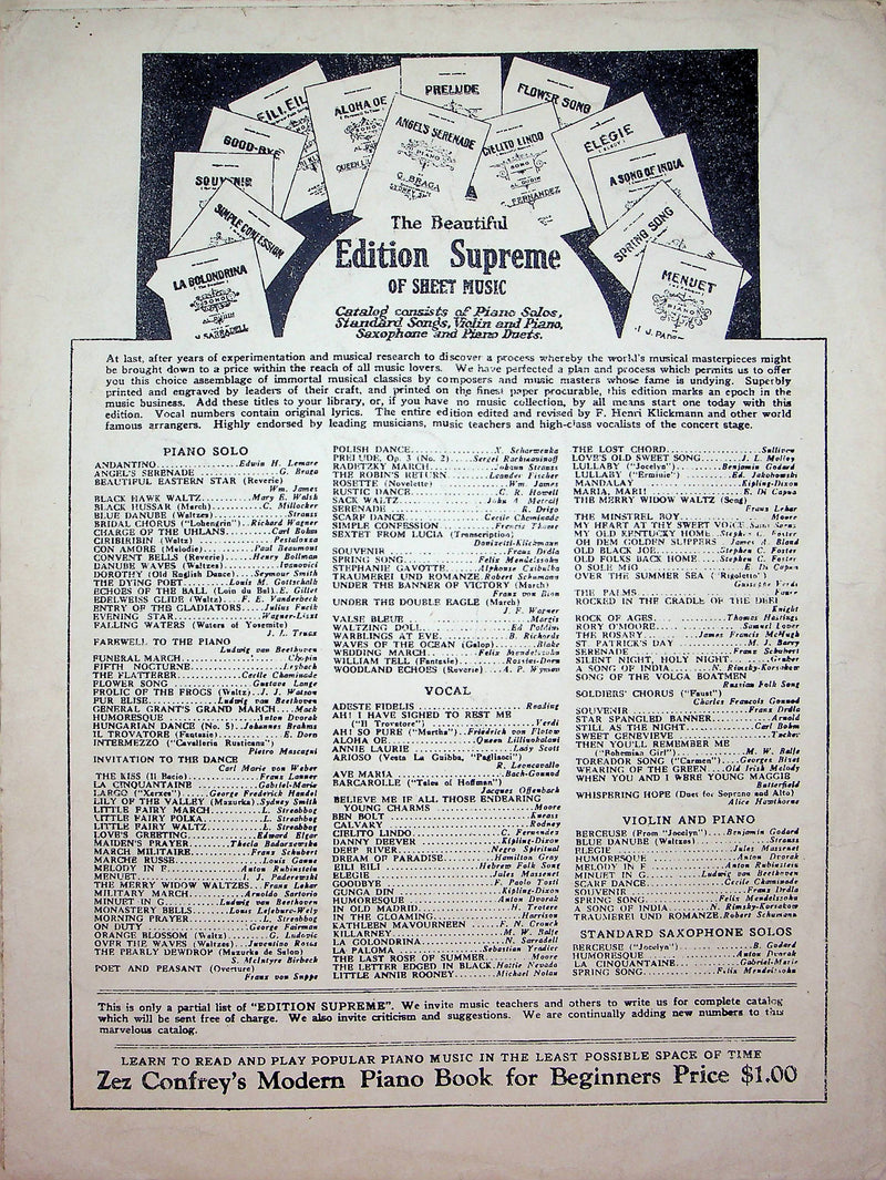 Rosette Novelette for Piano Vintage Sheet Music Billy James 1922 Piano Song 4
