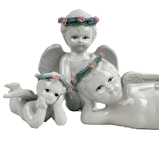 Vintage Porecelain Angel Cherub Sit Kneel Lay Piano Baby Trio - Set of 3 1