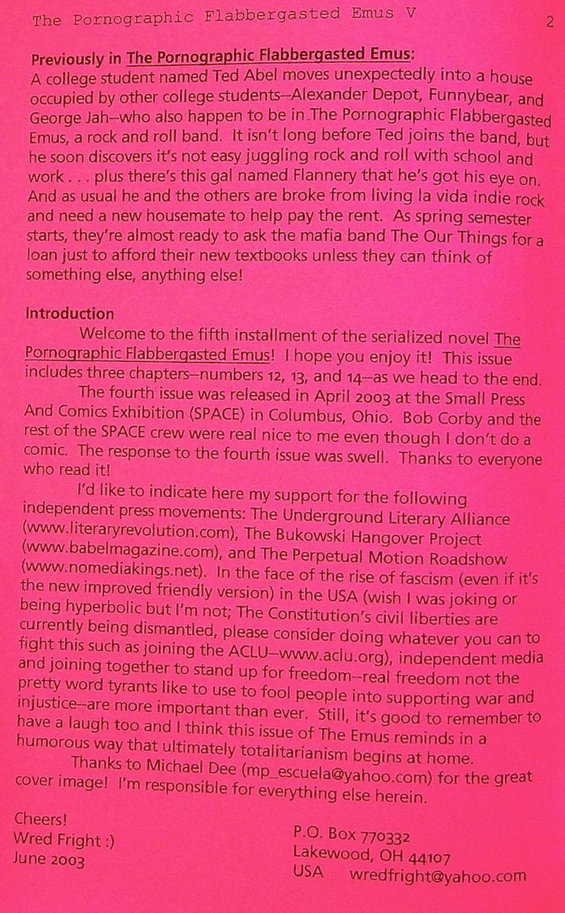 The Pornographic Flabbergasted Emus 2003 No. 5 Serialized Novel Zine
