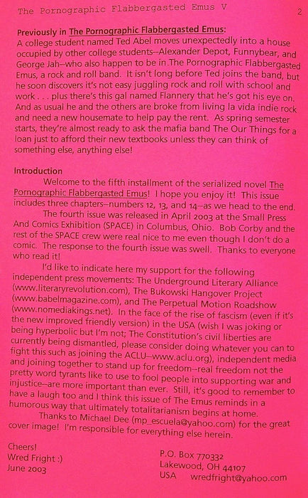 The Pornographic Flabbergasted Emus 2003 No. 5 Serialized Novel Zine