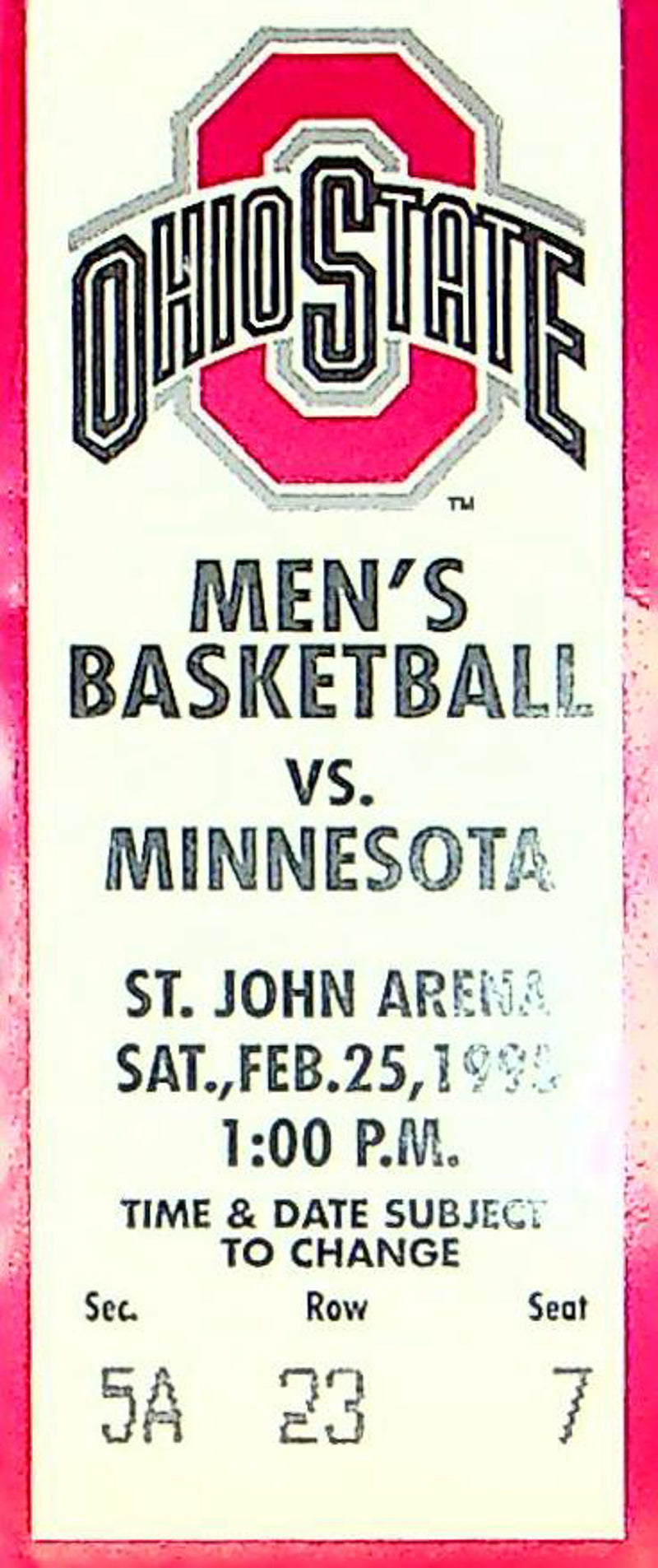 OSU Buckeye Basketball Game Ticket Stub Feb 1995 Vs. Minnesota Golden Gophers