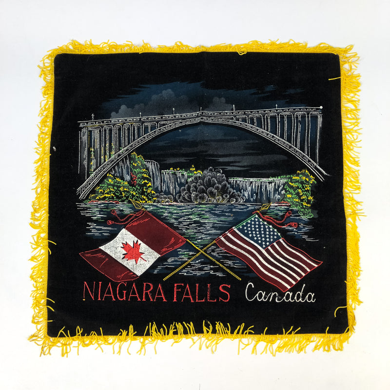 Vintage Niagara Falls Pillow Cover Velvet Souvenir Fringed Cloth Ontario Canada