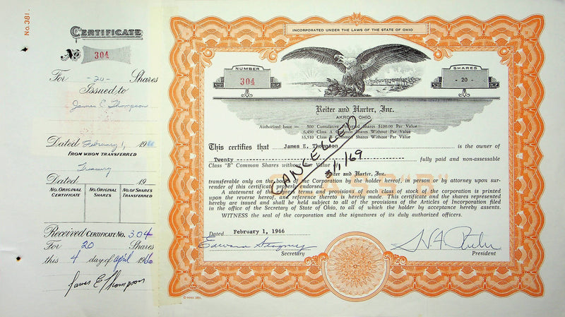 Reiter Dairy Company Stock Certificate Bond Scripophilly Akron Ohio 1966 No 304