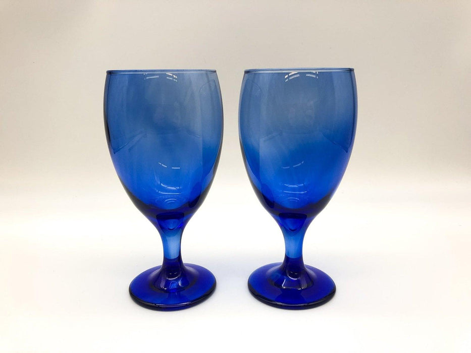 Pair of Vintage Blue Wine Glasses Crystal Teardrop Mediterranean Hand Blown 7" 2