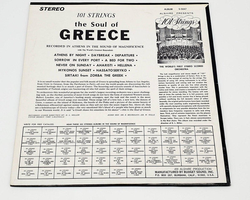 101 Strings Soul Of Greece 33 RPM LP Record Alshire 1972 S-5047 2