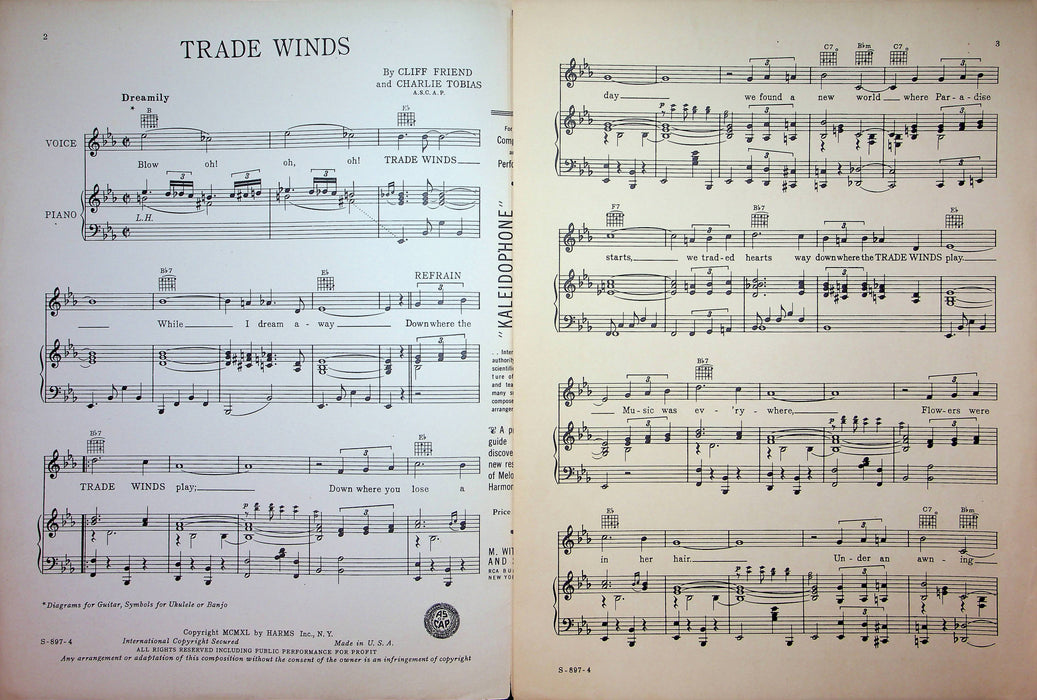 Trade Winds Sheet Music Cliff Friend Charlie Tobias 1940 Piano Vocal Wattkins 2