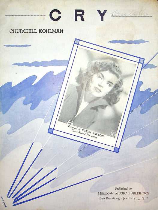 Sheet Music Cry Churchill Kohlman Sang By Eileen Barton Coral Record 1951 1