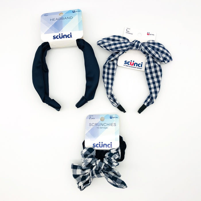 4-Piece Scunci Headband Head Bands Scrunchies Lot Hair Ties Blue Checkered Silk