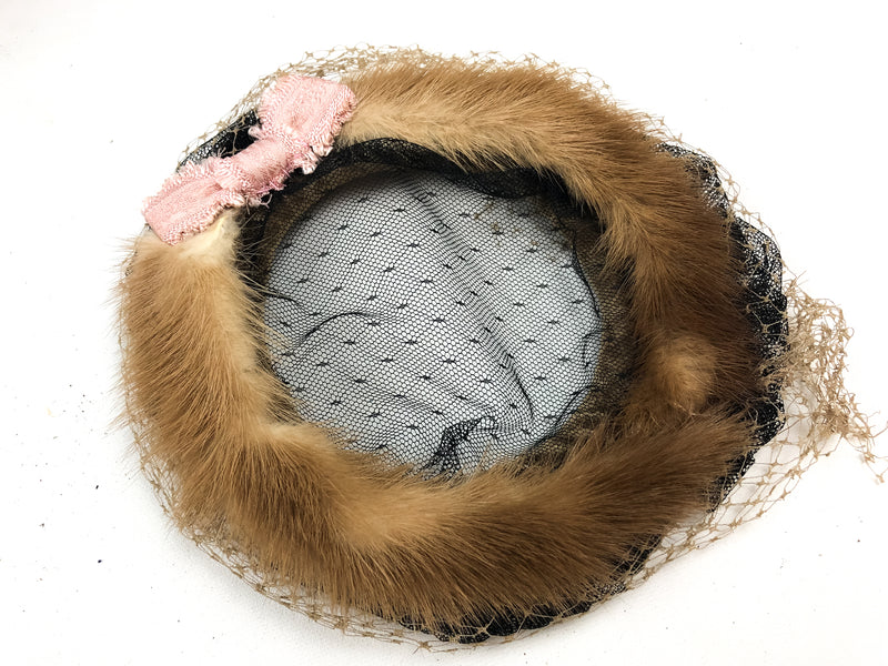Vintage Fur Trimmed Open Crown Fascinator Hat w/ Grid Netting & Pink Bow Accent