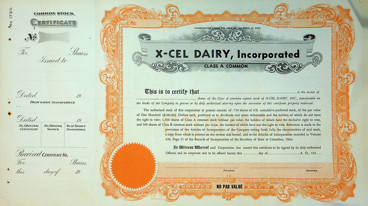 X-Cel Dairy Milk Company Common Stock Certificate Shares Original 1930 Blank