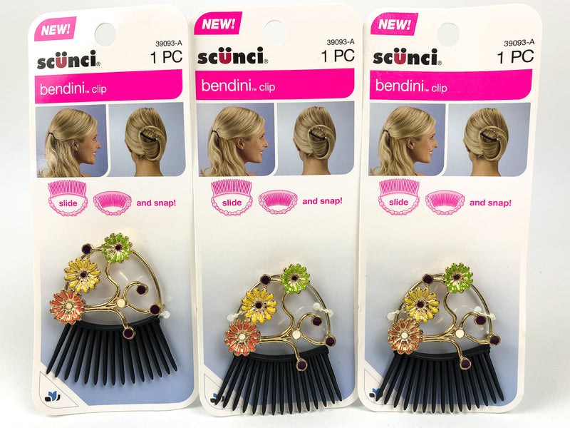 3-Pack Scunci Bendini Hair Clip Medium with Flowers Yellow Pink & Green 39093-A