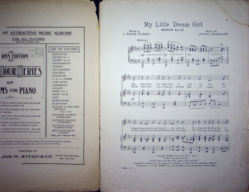 Sheet Music My Little Dream Girl L Wolfe Gilbert Anatol Friedland 1915 Jos Stern 2
