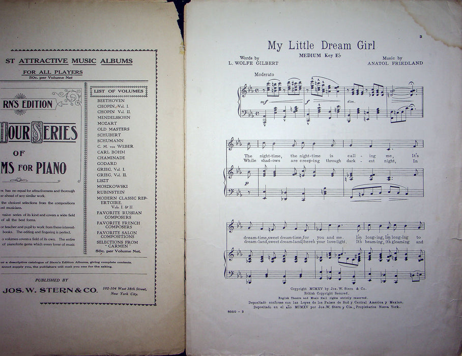 Sheet Music My Little Dream Girl L Wolfe Gilbert Anatol Friedland 1915 Jos Stern 2