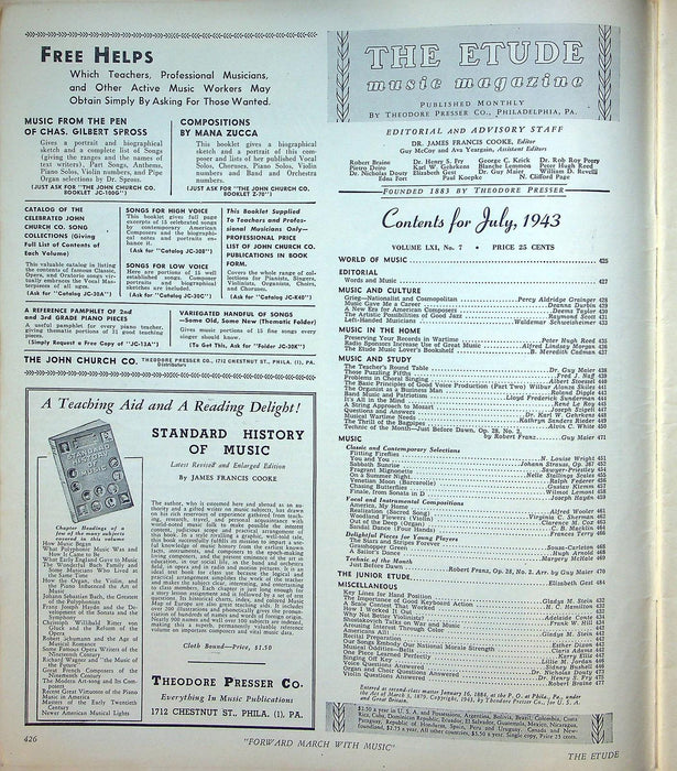 The Etude Music Magazine July 1943 Vol LXI No 7 Words & Music, Sheet Music 2