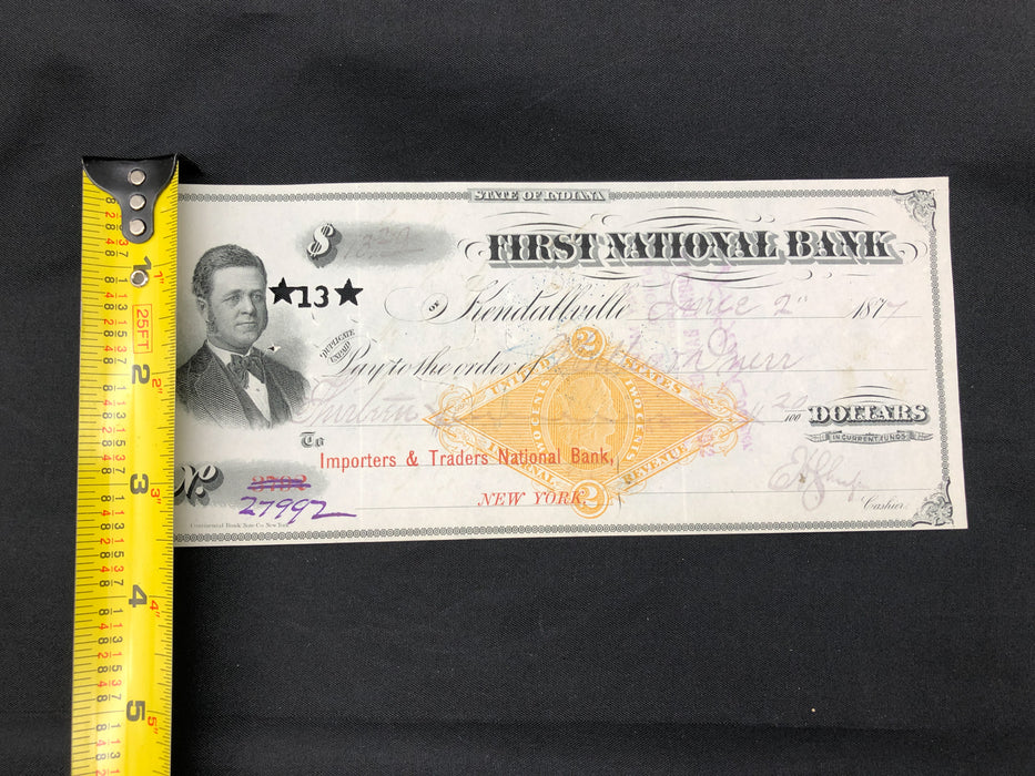 Antique Bank Check Original 1877 First National Bank Indiana 27992 Hole Punched