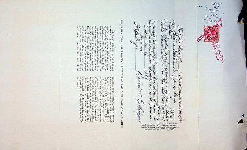 Reiter Dairy Company Stock Certificate Bond Scripophilly Akron Ohio 1965 No 222