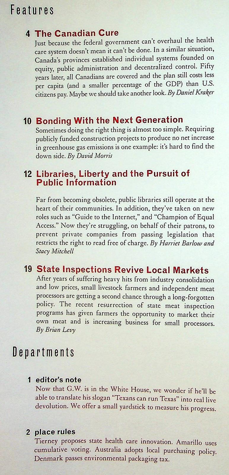 The New Rules Magazine Spring 2001 Canadian Health Care, Public Information 2