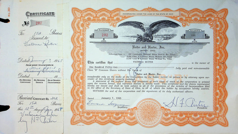 Reiter Dairy Company Stock Certificate Bond Scripophilly Akron Ohio 1965 No 202
