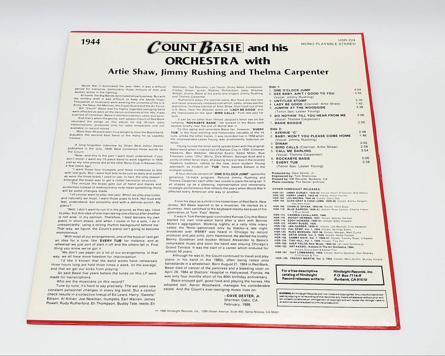 Count Basie Orchestra The Uncollected 1944 LP Record Hindsight Records 1986 2