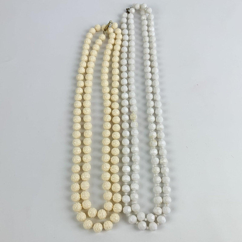 Vintage Long White Faceted & Pressed Design Plastic Bead Necklaces - Lot of 2 1
