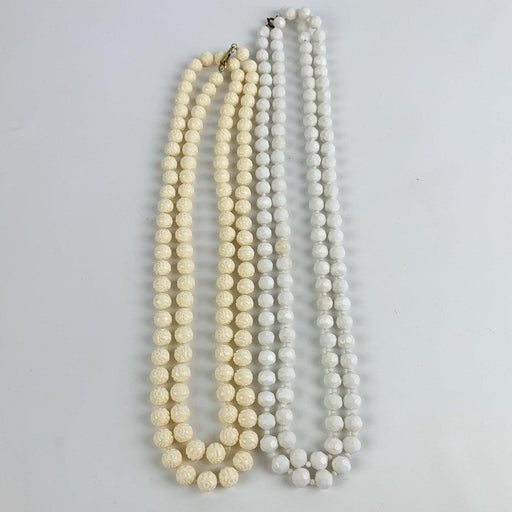 Vintage Long White Faceted & Pressed Design Plastic Bead Necklaces - Lot of 2 1