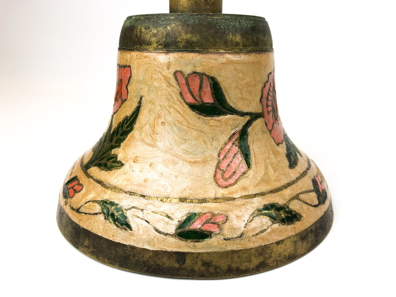 Vintage Bronze Bell Enamel Floral Design & Wooden Handle LARGE 5-3/4" x 10"
