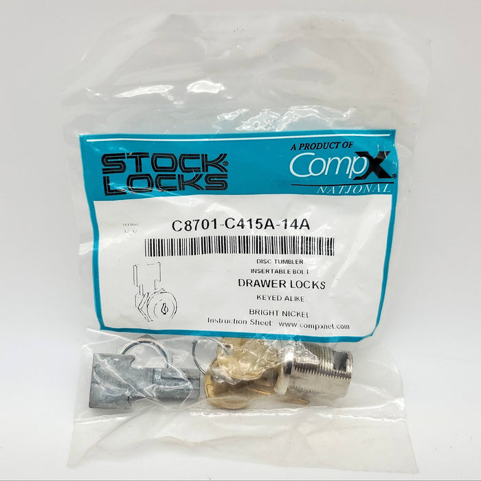 CompX Drawer Lock C8701 Insertable Bolt Bright Nickel Keyed Alike C415A NOS