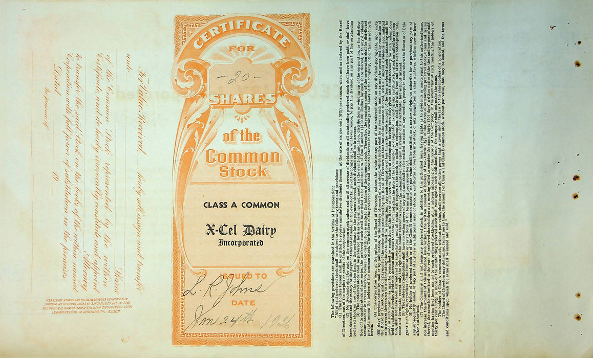 X-Cel Dairy Company Stock Certificate Bond Scripophilly Akron Ohio 1936 No 19