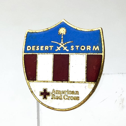 Vintage American Red Cross Pin Pinback Desert Storm Shield Light Blue Palm Tree 1