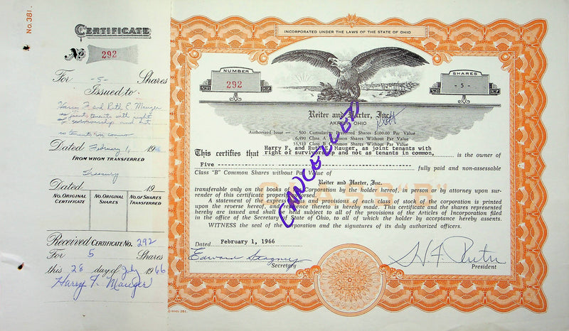 Reiter Dairy Company Stock Certificate Bond Scripophilly Akron Ohio 1966 No 292