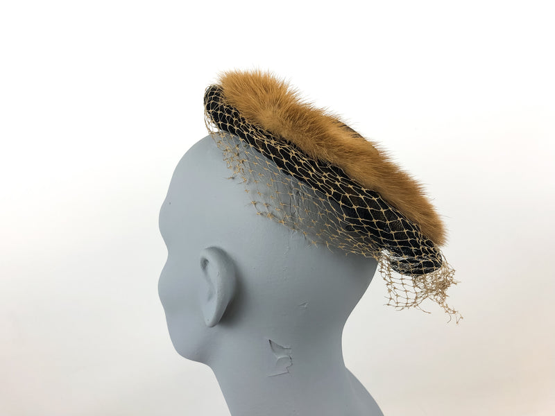 Vintage Fur Trimmed Open Crown Fascinator Hat w/ Grid Netting & Pink Bow Accent