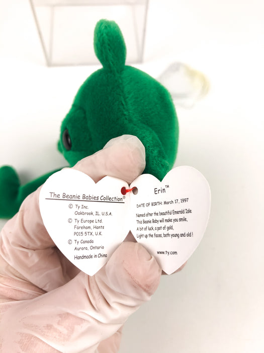 Erin The Bear TY Beanie Baby w/ Many Errors Lucky Shamrock Green 1997 RETIRED